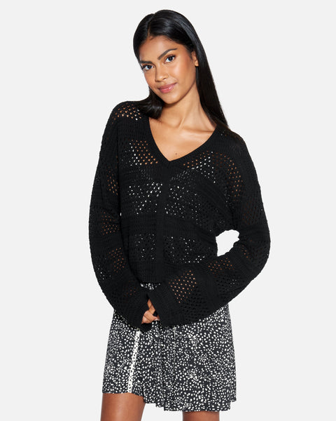 Lucky Brand Women's Black Pullover Crochet Knit Long - Depop