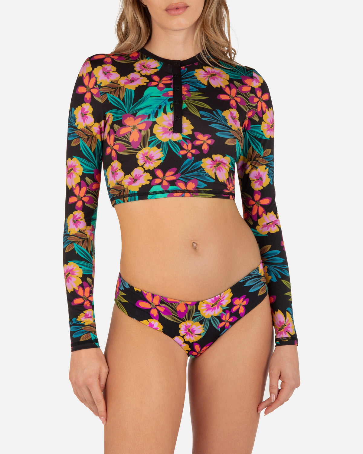 Rash Guard for Women Two Piece Long Sleeve Swimsuits Zipper Swim Shirt  Bathing Suit UPF 50 with Built in Bra-Black Hibiscus Print-S at   Women's Clothing store